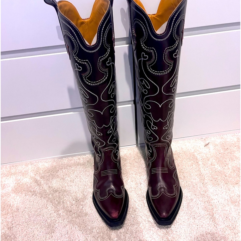 Ganni Maroon (burgundy) knee high western boots